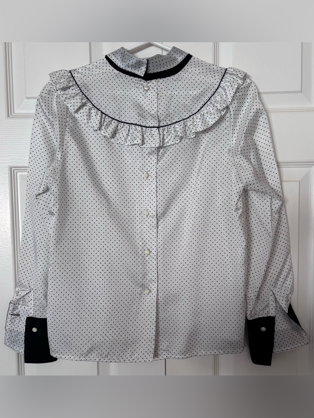 Vintage White Polka Dot Button-Down Shirt with Black Accents